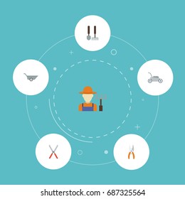 Flat Icons Wheelbarrow, Scissors, Grower And Other Vector Elements. Set Of Agriculture Flat Icons Symbols Also Includes Barrow, Grower, Lawnmower Objects.