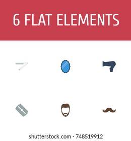 Flat Icons Whiskers, Looking-Glass, Blow-Dryer And Other Vector Elements. Set Of Hairdresser Flat Icons Symbols Also Includes Sharp, Razor, Hairdryer Objects.