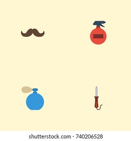 Flat Icons Whiskers, Spray, Hairstylist And Other Vector Elements. Set Of Barbershop Flat Icons Symbols Also Includes Hairspray, Moustache, Hairstylist Objects.