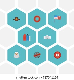 Flat Icons White House, Doughnut, Stamp And Other Vector Elements. Set Of Usa Flat Icons Symbols Also Includes Made, Sheriff, America Objects.