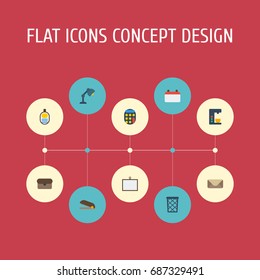 Flat Icons Whiteboard, Desk Light, Puncher And Other Vector Elements. Set Of Office Flat Icons Symbols Also Includes Basket, Puncher, Wastebasket Objects.