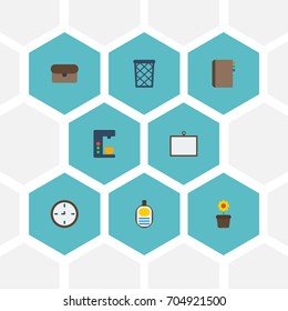 Flat Icons Whiteboard, Identification, Contact And Other Vector Elements. Set Of Bureau Flat Icons Symbols Also Includes Flowerpot, Houseplant, Watch Objects.