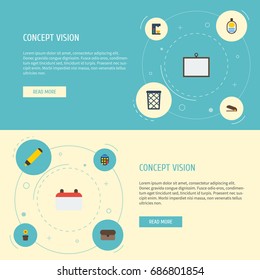 Flat Icons Whiteboard, Plant Pot, Identification And Other Vector Elements. Set Of Office Flat Icons Symbols Also Includes Marker, Desk, Basket Objects.