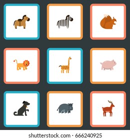 Flat Icons Wildcat, Horse, Pony And Other Vector Elements. Set Of Zoology Flat Icons Symbols Also Includes Animal, Swine, Hound Objects.