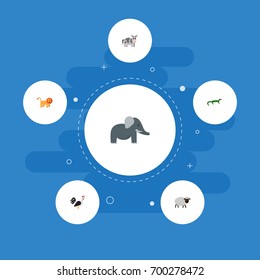 Flat Icons Wildcat, Trunked Animal, Reptile And Other Vector Elements. Set Of Zoology Flat Icons Symbols Also Includes Bishop, Elephant, Reptilian Objects.