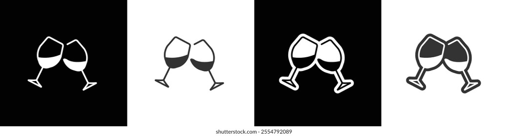 Flat icons of wine and wine pairing. Glasses and bottle icons vector set. Wine glass icon symbol in line and flat style. Alcohol Liquor, beverages, bar, beer.  Wine in black white and transparet.