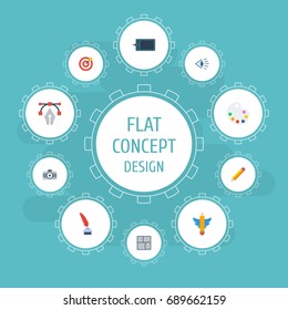 Flat Icons Wings, Pen, Writing And Other Vector Elements. Set Of Creative Flat Icons Symbols Also Includes Inkwell, Plan, Graphic Objects.