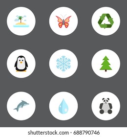 Flat Icons Winter Snow, Bear, Emperor And Other Vector Elements. Set Of Green Flat Icons Symbols Also Includes Polar, Drop, Moth Objects.