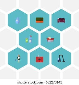 Flat Icons Wisp, Clothes Washing, Sofa And Other Vector Elements. Set Of Cleaning Flat Icons Symbols Also Includes Hand, Wash, Carpet Objects.