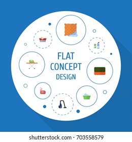 Flat Icons Wisp, Laundry, Clothes Washing And Other Vector Elements. Set Of Hygiene Flat Icons Symbols Also Includes Cleaning, Cleaner, Sponge Objects.