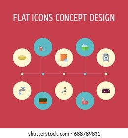 Flat Icons Wisp, Mopping, Sponge And Other Vector Elements. Set Of Cleaning Flat Icons Symbols Also Includes Wisp, Faucet, Cleaning Objects.