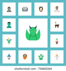 Flat Icons Wizard, Snake, Mythology And Other Vector Elements. Set Of Character Flat Icons Symbols Also Includes Man, Dragon, Gnome Objects.