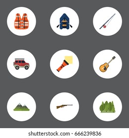 Flat Icons Wood, Hill, Fishing And Other Vector Elements. Set Of Camp Flat Icons Symbols Also Includes Suv, Music, Mountain Objects.