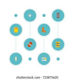 Flat Icons Wool, Copybook, Paper Figure And Other Vector Elements. Set Of Handcraft Flat Icons Symbols Also Includes Origami, Machine, Socks Objects.