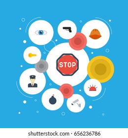 Flat Icons Worker, Guy, Gun And Other Vector Elements. Set Of Procuring Flat Icons Symbols Also Includes Explosive, Keys, Dynamite Objects.