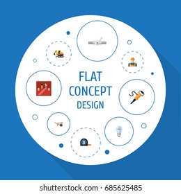 Flat Icons Worker, Handcart, Tractor Vector Elements. Set Of Industry Flat Icons Symbols Also Includes Plumbing, Handcart, Toolkit Objects.
