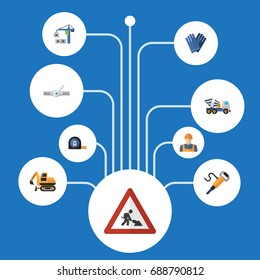 Flat Icons Worker, Hoisting Machine, Mitten And Other Vector Elements. Set Of Industry Flat Icons Symbols Also Includes Mixer, Cement, Tractor Objects.
