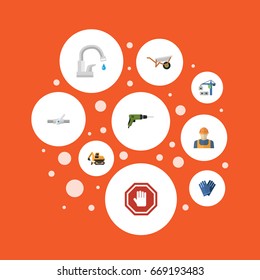 Flat Icons Worker, Pipeline Valve, Electric Screwdriver And Other Vector Elements. Set Of Construction Flat Icons Symbols Also Includes Handcart, Tower, Crane Objects.