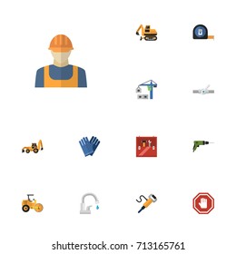 Flat Icons Worker, Pneumatic, Roll Meter And Other Vector Elements. Set Of Construction Flat Icons Symbols Also Includes Toolkit, Tap, Workman Objects.