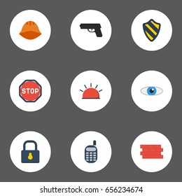 Flat Icons Worker, Shield, Key And Other Vector Elements. Set Of Safety Flat Icons Symbols Also Includes Road, Protection, Shot Objects.