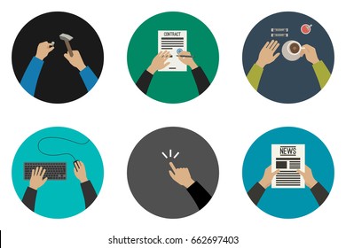 Flat icons with working hands. Vector illustrations of typing on the keyboard, reading, eating, signing contract, pointing with your finger.