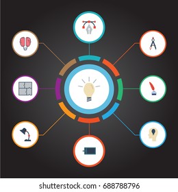 Flat Icons Writing, Gadget, Illuminator And Other Vector Elements. Set Of Original Flat Icons Symbols Also Includes Concept, Dividers, Scheme Objects.