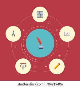 Flat Icons Writing, Screen, Compass And Other Vector Elements. Set Of Original Flat Icons Symbols Also Includes Scheme, Screen, Bezier Objects.