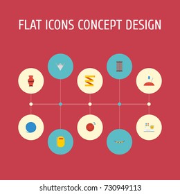Flat Icons Yarn, Meter, Jewelry And Other Vector Elements. Set Of Handcraft Flat Icons Symbols Also Includes Knitting, Wool, Necklace Objects.