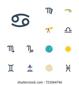 Flat Icons Zodiac Sign, Augur, Crab And Other Vector Elements. Set Of Galaxy Flat Icons Symbols Also Includes Astronomy, Pisces, Sunshine Objects.