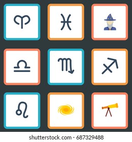 Flat Icons Zodiac Sign, Optics, Ram And Other Vector Elements. Set Of Galaxy Flat Icons Symbols Also Includes Binoculars, Optics, Pisces Objects.