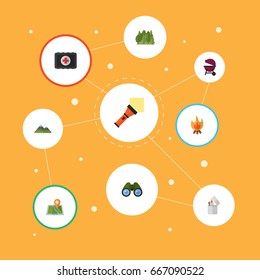 Flat Icons Zoom, Cigarette, Location And Other Vector Elements. Set Of Camp Flat Icons Symbols Also Includes Aid, Medicine, Tree Objects.