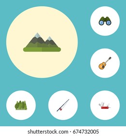 Flat Icons Zoom, Hill, Music And Other Vector Elements. Set Of Camp Flat Icons Symbols Also Includes Forest, Music, Fish Objects.
