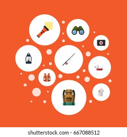 Flat Icons Zoom, Lifesaver, Bag And Other Vector Elements. Set Of Camp Flat Icons Symbols Also Includes Lighter, Pocket, Chest Objects.
