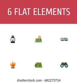 Flat Icons Zoom, Location, Fire And Other Vector Elements. Set Of Camping Flat Icons Symbols Also Includes Forest, Lighter, Binoculars Objects.