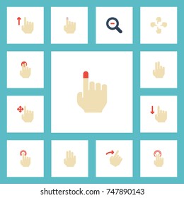 Flat Icons Zoom Out, Finger, Touchscreen And Other Vector Elements. Set Of Gesticulation Flat Icons Symbols Also Includes Hold, Slide, Two Objects.