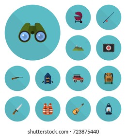 Flat Icons Zoom, Ship, Lifesaver And Other Vector Elements. Set Of Camp Flat Icons Symbols Also Includes Knife, Medicine, Chest Objects.