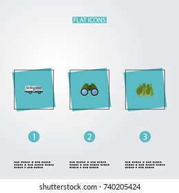 Flat Icons Zoom, Wood, Caravan And Other Vector Elements. Set Of Camping Flat Icons Symbols Also Includes Wood, Zoom, Glass Objects.