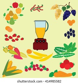 Flat icons-fruits, vegetables and blender
