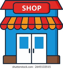 Ilustração em estilo de ícone plano de uma loja azul e marrom com telhado vermelho, toldo listrado e sinal vermelho proeminente "SHOP" no fundo branco