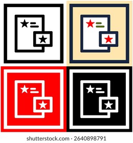 Flat icon-style illustration showing four variations of a document with star ratings, symbolizing content evaluation, branding standards, and quality assurance across color schemes.