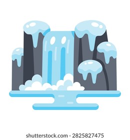 Flat icy waterfall flowing between snowy rock formations.