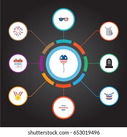 Flat Identity, Musical Instrument, Firecracker And Other Vector Elements. Set Of History Flat Symbols Also Includes Medallion, Glasses, Mom Objects.
