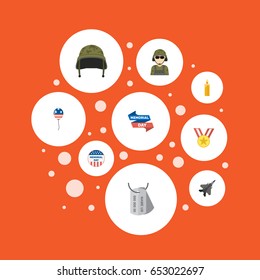 Flat Identity, Usa Badge, Aircraft And Other Vector Elements. Set Of Day Flat Symbols Also Includes Fire, Banner, Army Objects.