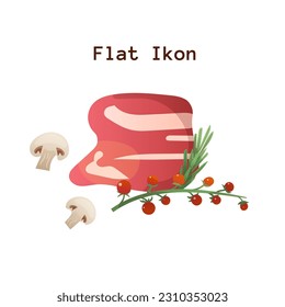 Flat isst frisches Fleisch. Cartoon Steak mit Tomate, Rosmarin und Pilzen. Essen für BQ, Metzgerei einzeln, Fleisch für Speisen. Vektorgrafik