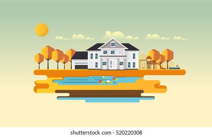 Flat Illuastration of american home in autumn. Abstract Vector Design.
