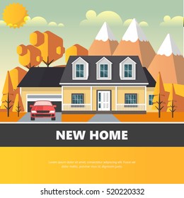 Flat Illuastration of american home in autumn. Abstract Vector Design.
