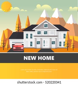 Flat Illuastration of american home in autumn. Abstract Vector Design.