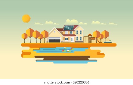 Flat Illuastration of american home in autumn. Abstract Vector Design.