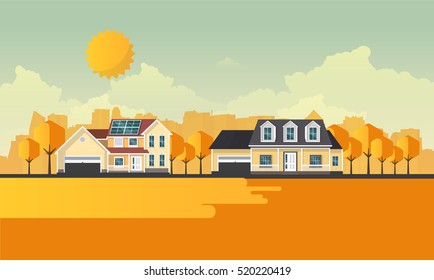 Flat Illuastration of american homes in autumn. Abstract Vector Design.