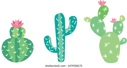 flat illustartion of three cacti with bloom